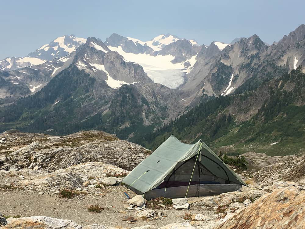 backpacking tent in front of mount olympus 