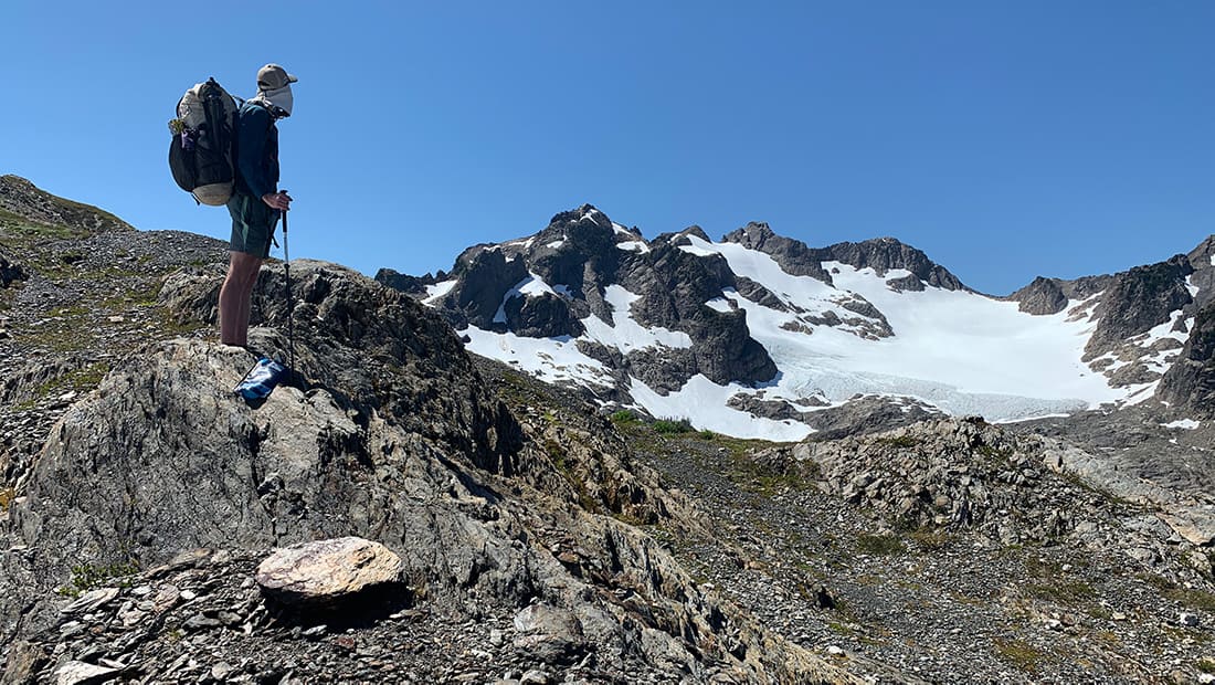 shows a hiker wearing meundies boxer